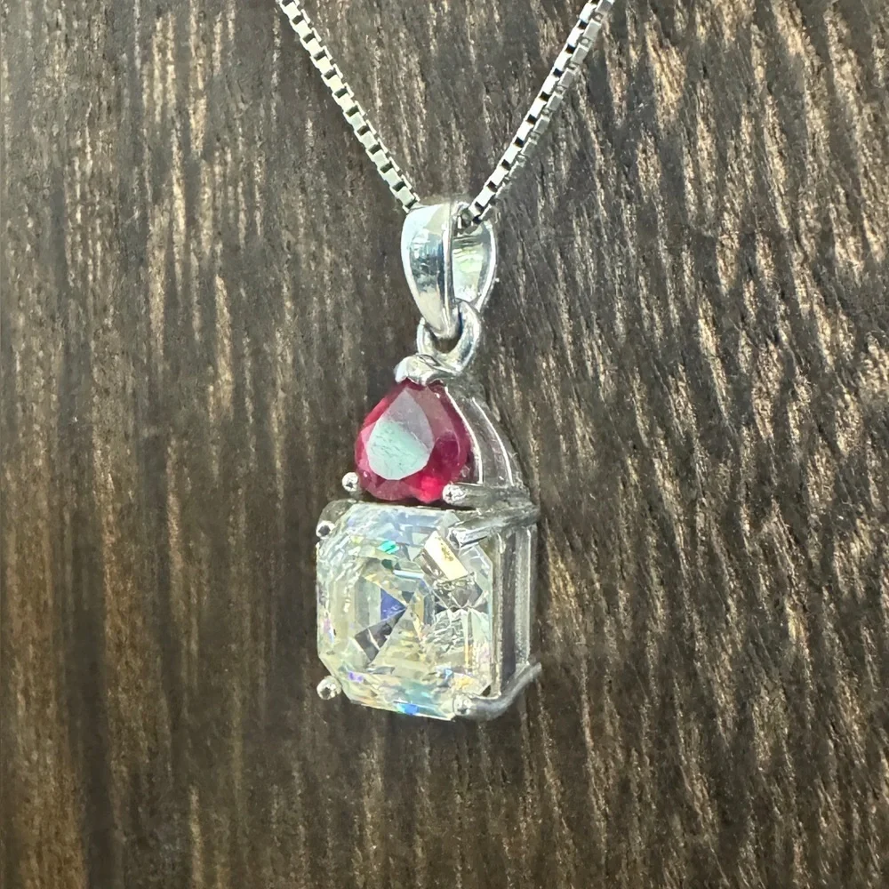 Vintage BBJ Strontium Titanate & Ruby Rhodium Over Sterling Pendant Necklace